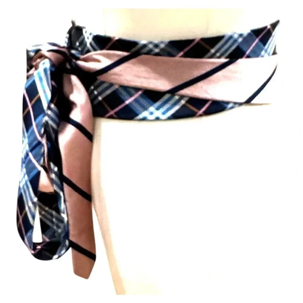 Unique Blue Pink Satin Obi Belt Wide One Size Upcycle Plaid Preppy One of a Kind